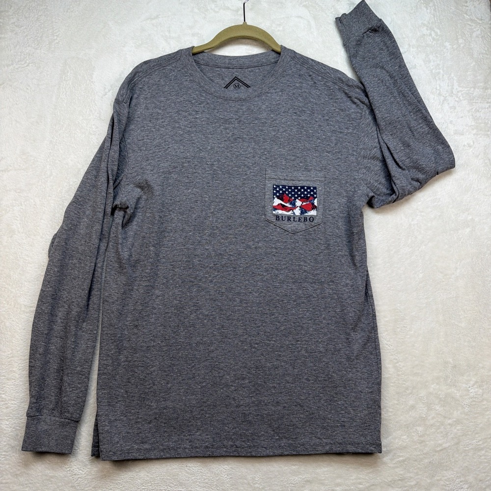 Burlebo Long Sleeve T Shirt Mens Medium Gray Graphic USA Flag Back Print